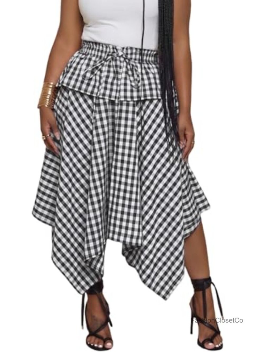 Women's High Waist A-Line Midi Skirt Gingham Plaid Handkerchief Hem Flowy Summer